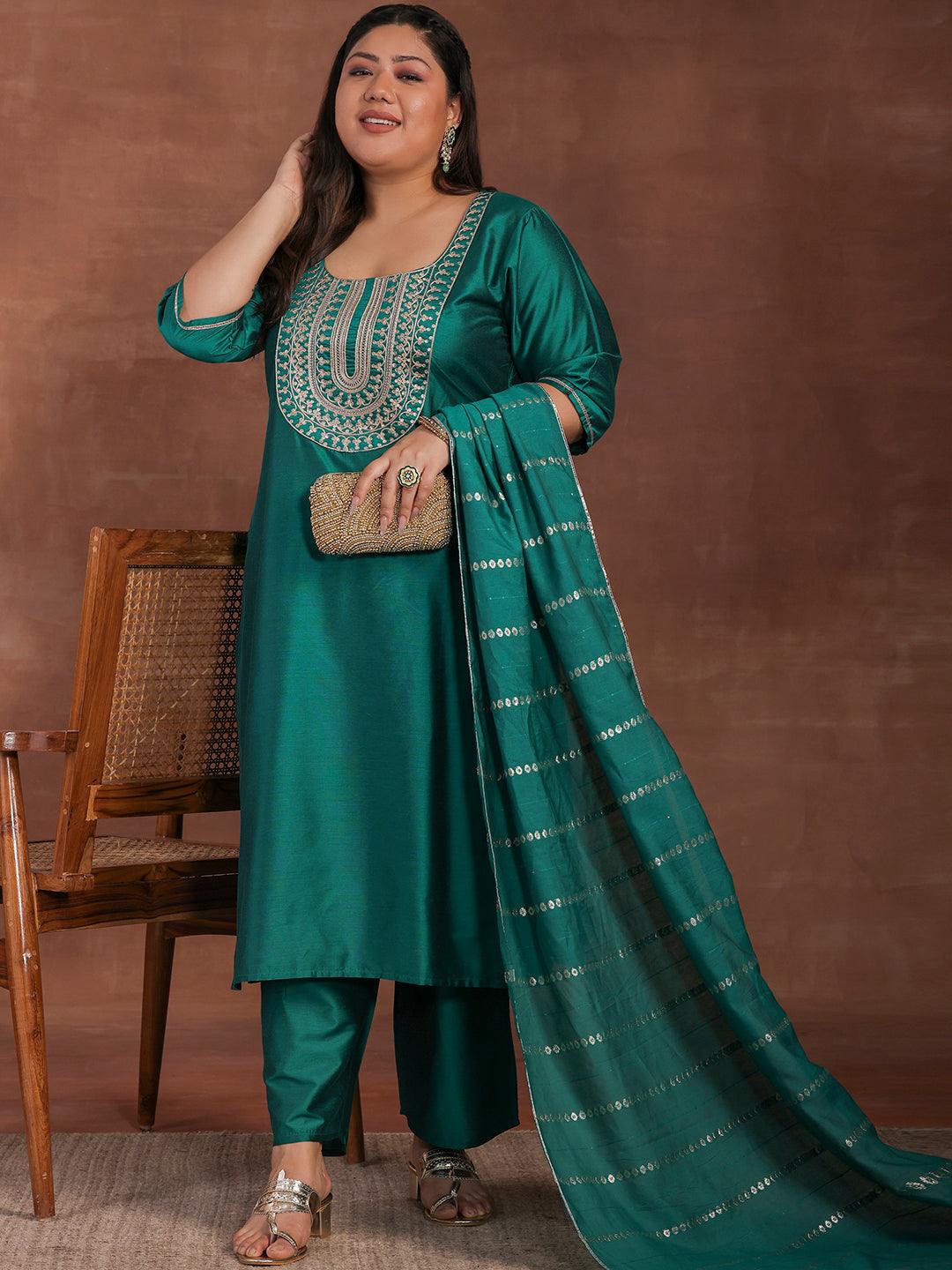 Plus Size Green Yoke Design Silk Blend Straight Suit With Dupatta - Jashvi