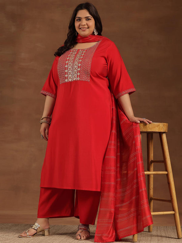 Plus Size Red Yoke Design Silk Blend Straight Suit With Dupatta - Jashvi