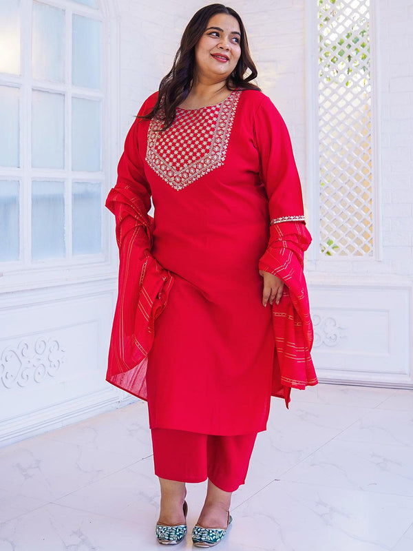 Plus Size Pink Yoke Design Silk Blend Straight Suit With Dupatta - Jashvi