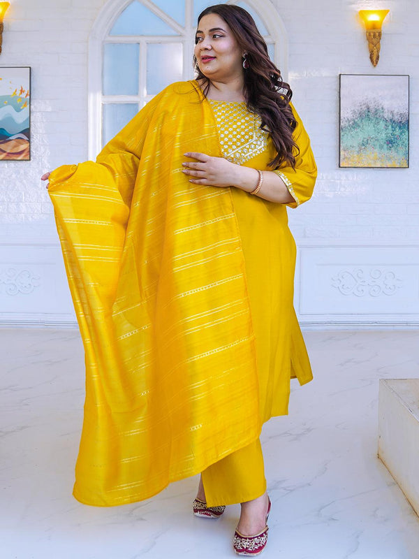 Plus Size Mustard Yoke Design Silk Blend Straight Suit With Dupatta - Jashvi