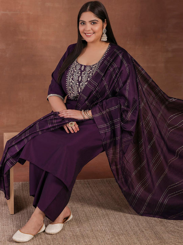 Plus Size Purple Yoke Design Silk Blend Straight Suit With Dupatta - Jashvi