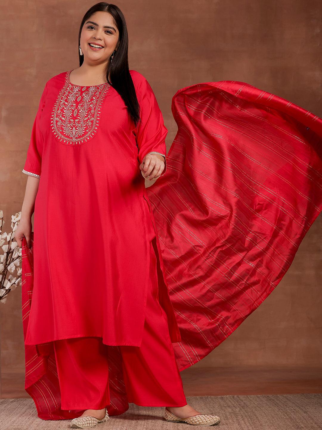 Plus Size Pink Yoke Design Silk Blend Straight Suit With Dupatta - Jashvi