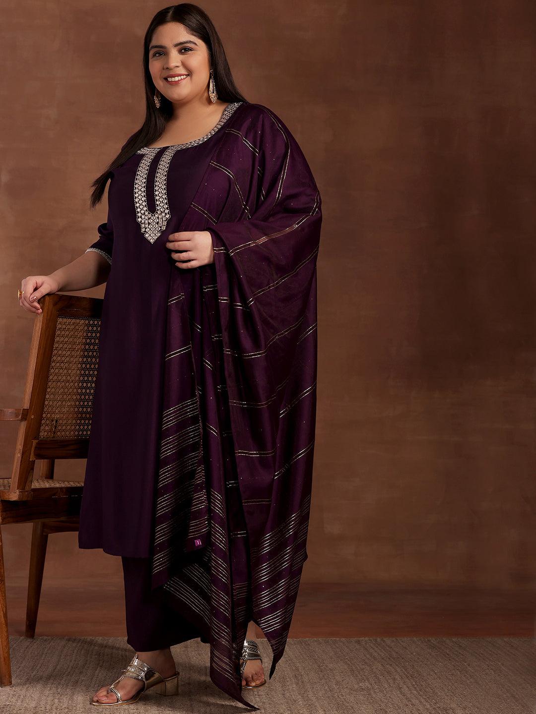 Plus Size Purple Embroidered Silk Blend Straight Suit With Dupatta - Jashvi