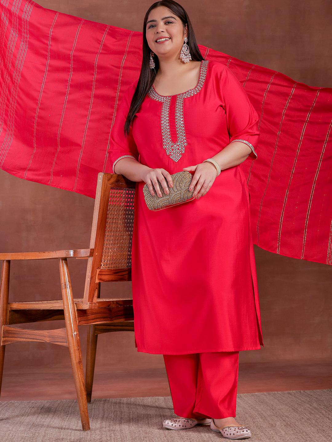 Plus Size Pink Embroidered Silk Blend Straight Suit With Dupatta - Jashvi