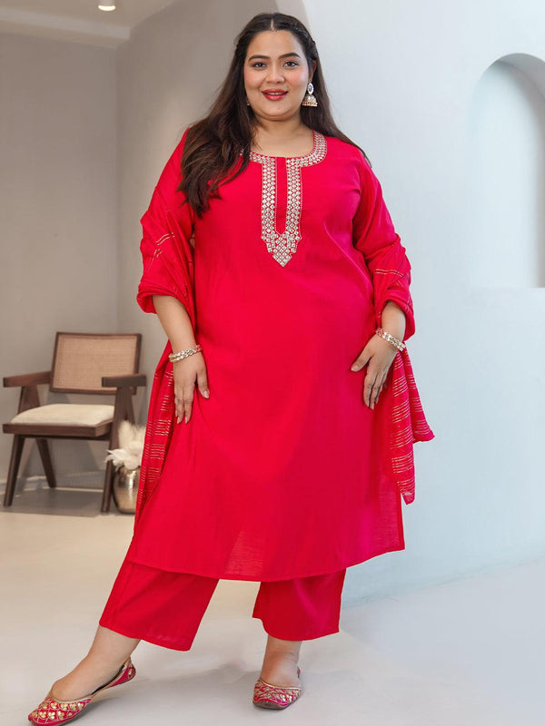 Plus Size Pink Embroidered Silk Blend Straight Suit With Dupatta