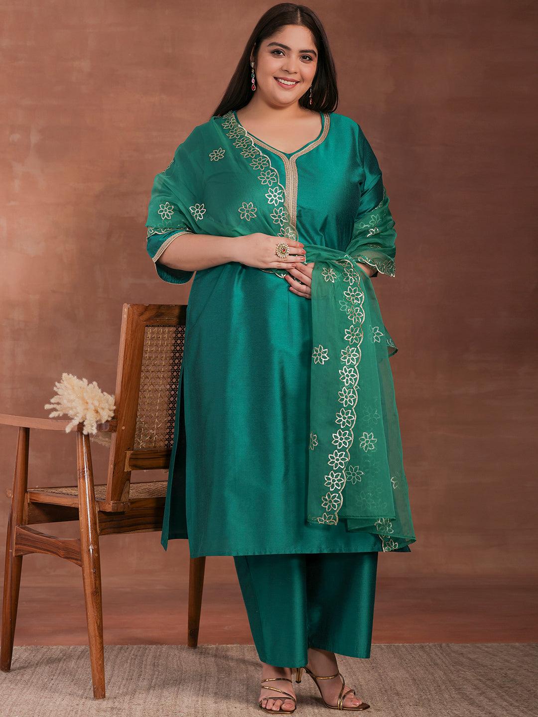 Plus Size Green Solid Silk Blend Straight Suit With Dupatta - Jashvi