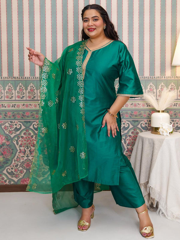 Plus Size Green Solid Silk Blend Straight Suit With Dupatta