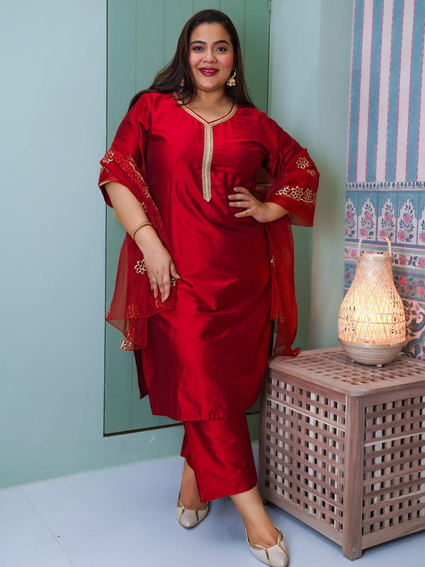 Plus Size Maroon Solid Silk Blend Straight Suit With Dupatta