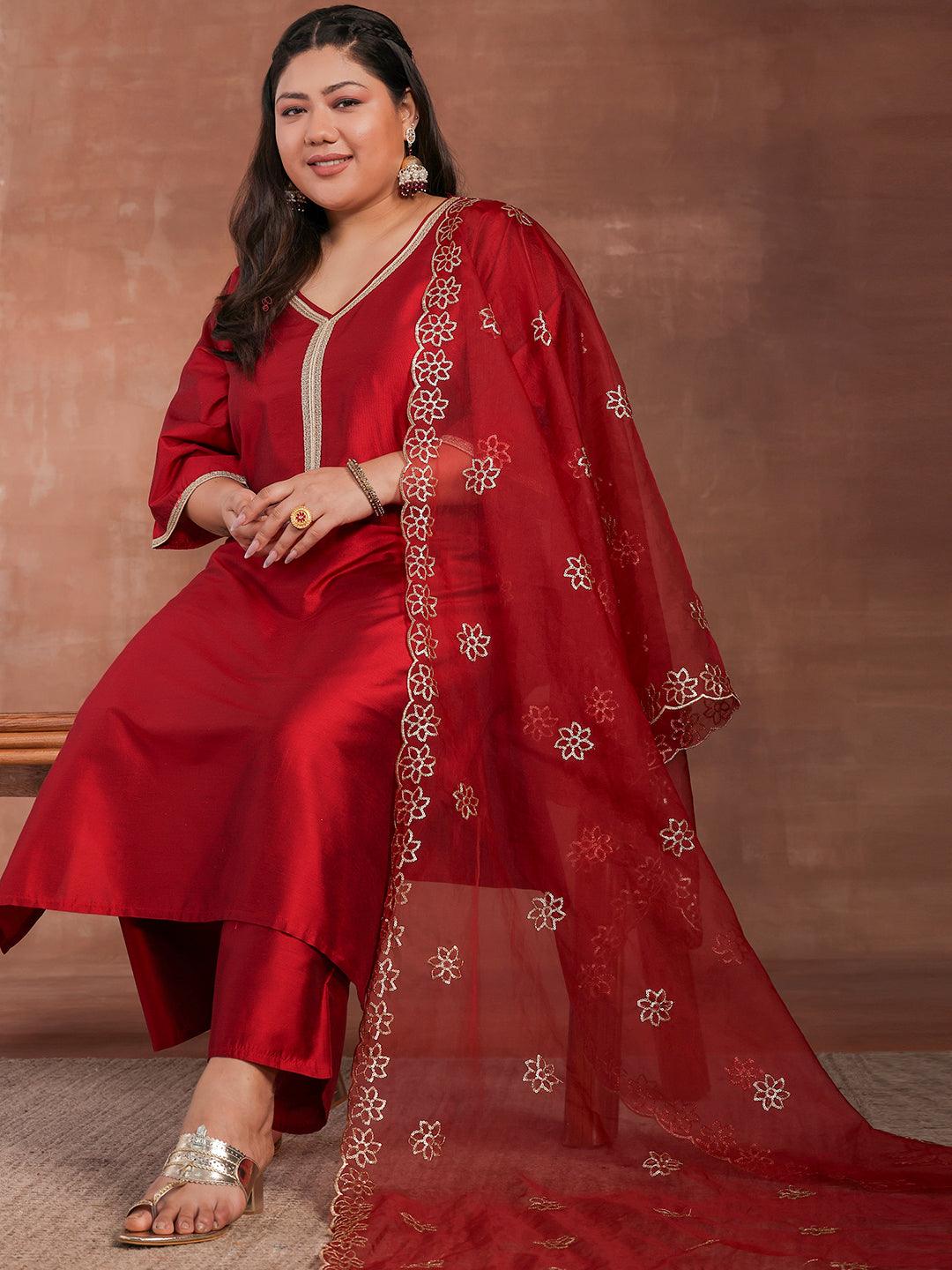 Plus Size Maroon Solid Silk Blend Straight Suit With Dupatta - Jashvi