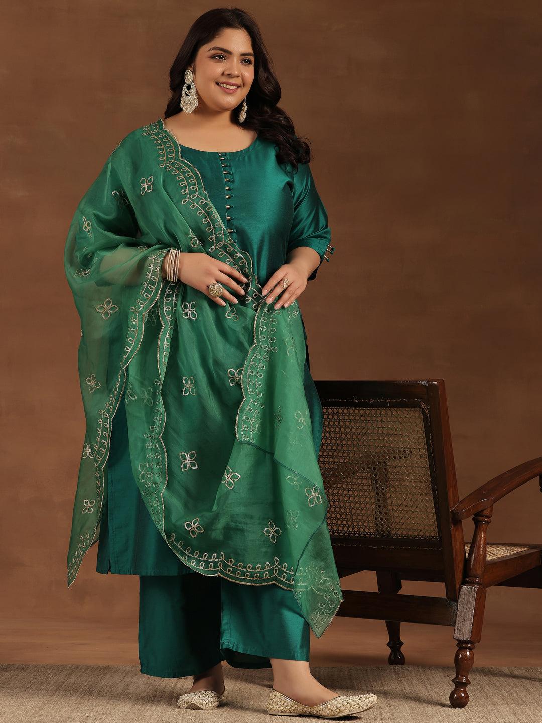 Plus Size Green Solid Silk Blend Straight Suit With Dupatta - Jashvi