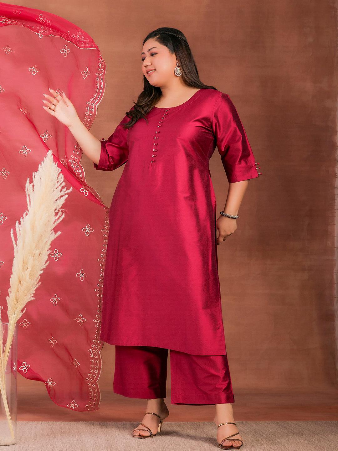 Plus Size Magenta Solid Silk Blend Straight Suit With Dupatta - Jashvi