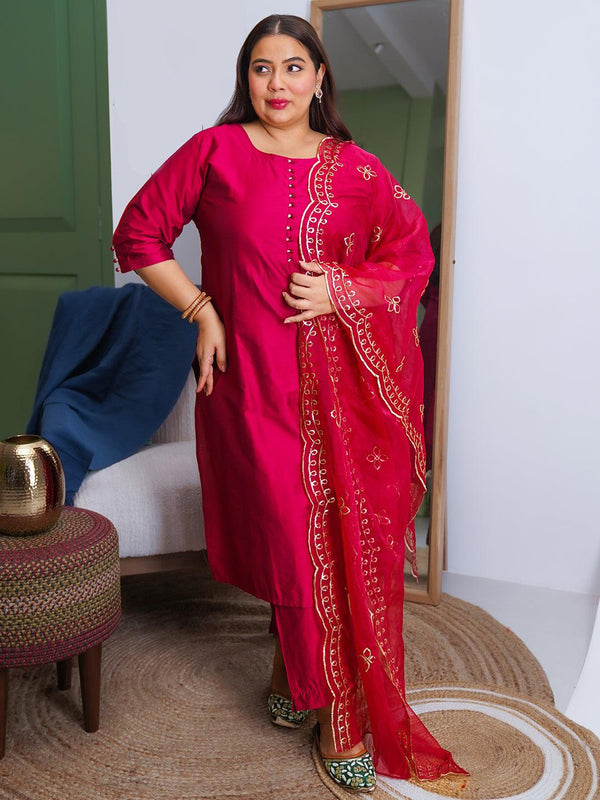 Plus Size Magenta Solid Silk Blend Straight Suit With Dupatta