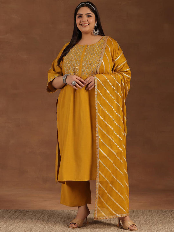 Plus Size Mustard Solid Silk Blend Straight Suit With Dupatta - Jashvi