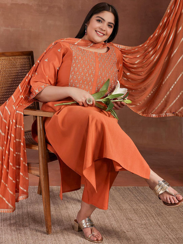 Plus Size Coral Solid Silk Blend Straight Suit With Dupatta - Jashvi