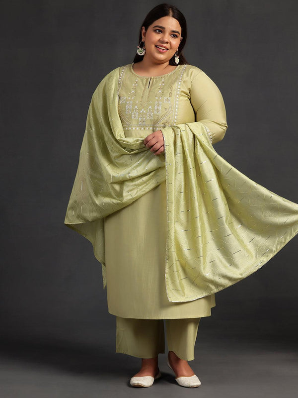 Plus Size Green Yoke Design Silk Blend Straight Suit With Dupatta - Jashvi