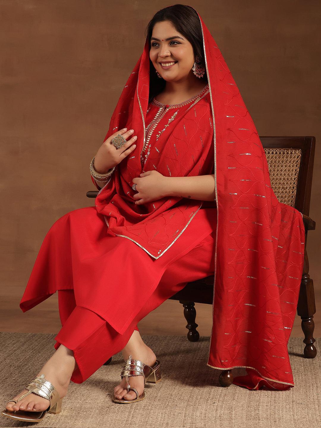 Plus Size Red Yoke Design Silk Blend Straight Suit With Dupatta - Jashvi