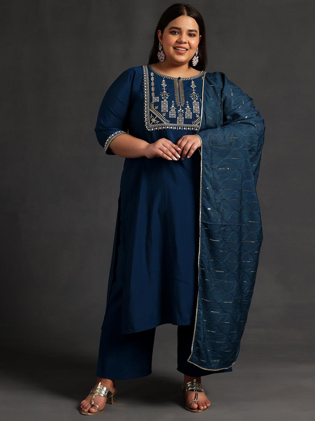 Plus Size Blue Yoke Design Silk Blend Straight Suit With Dupatta - Jashvi