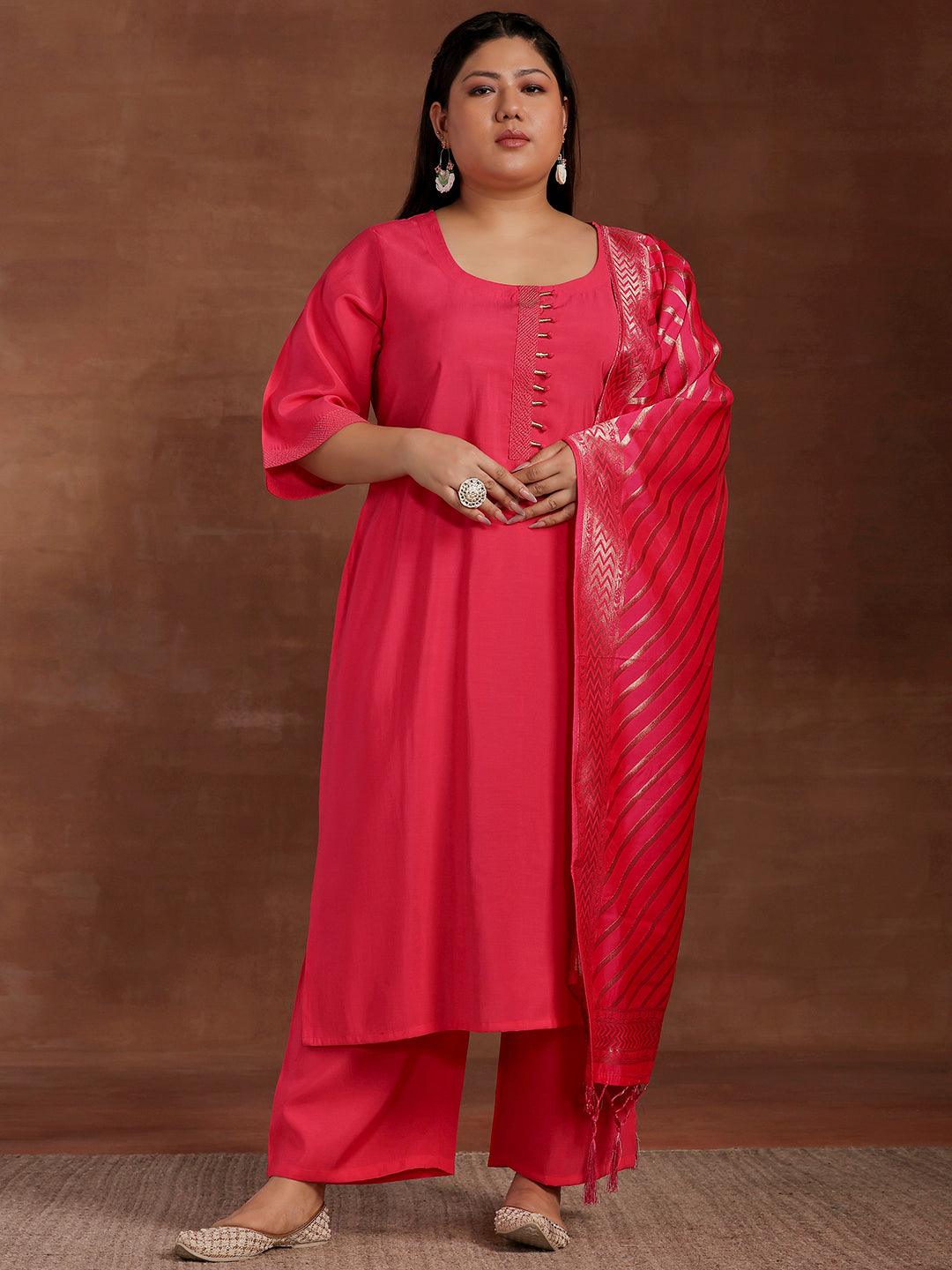 Plus Size Pink Solid Silk Blend Straight Suit With Dupatta - Jashvi