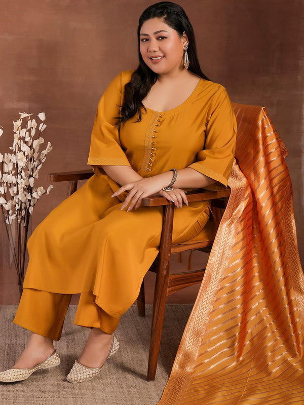 Plus Size Mustard Solid Silk Blend Straight Suit With Dupatta - Jashvi