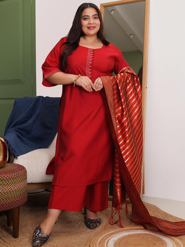 Plus Size Red Solid Silk Blend Straight Suit With Dupatta - Jashvi