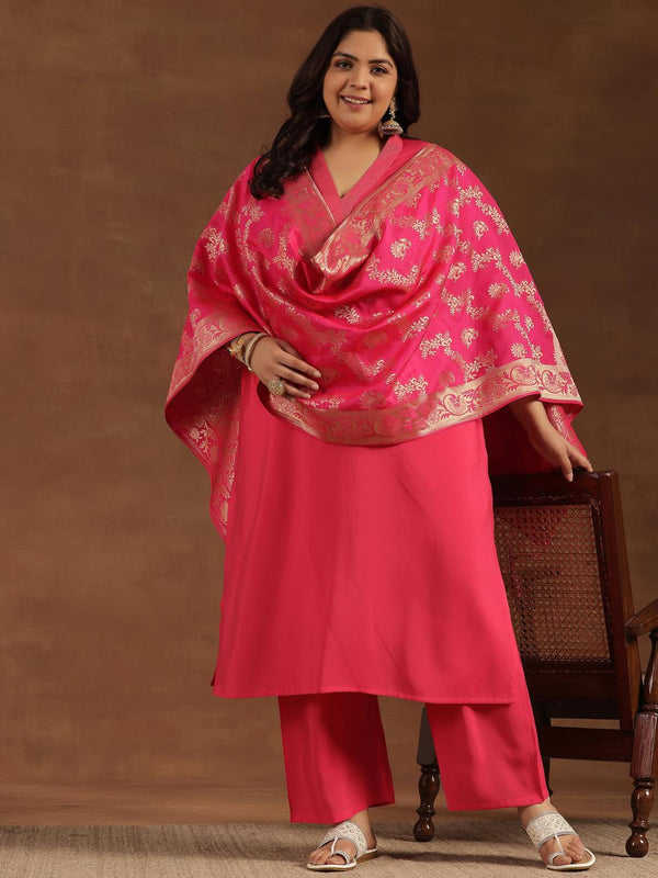 Plus Size Pink Solid Silk Blend Straight Suit With Dupatta - Jashvi