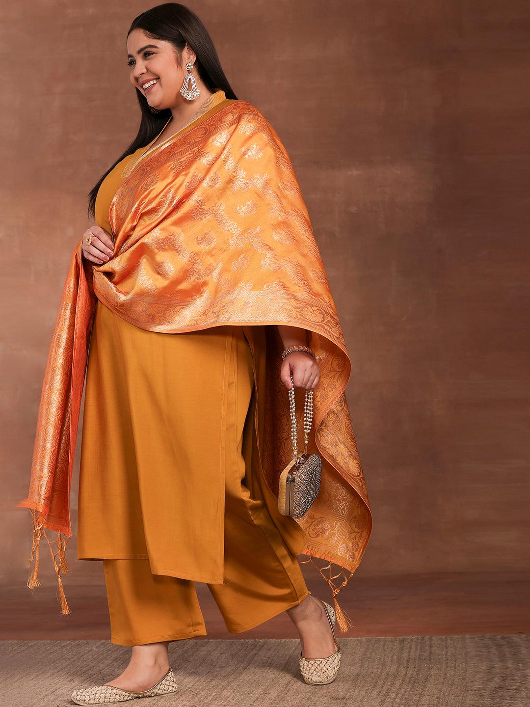 Plus Size Mustard Solid Silk Blend Straight Suit With Dupatta - Jashvi