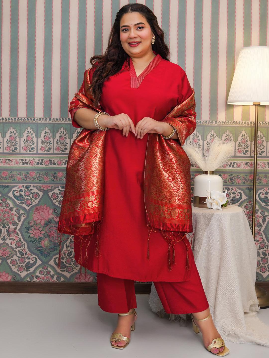 Plus Size Red Solid Silk Blend Straight Suit With Dupatta - Jashvi