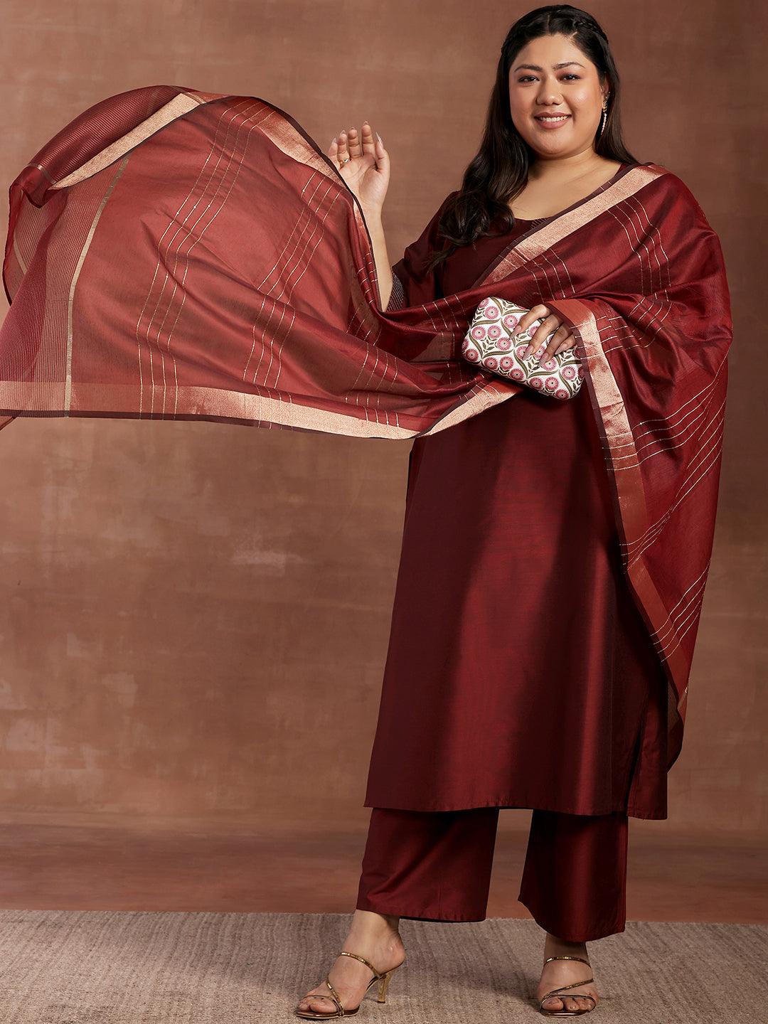 Plus Size Maroon Solid Silk Blend Straight Suit With Dupatta - Jashvi