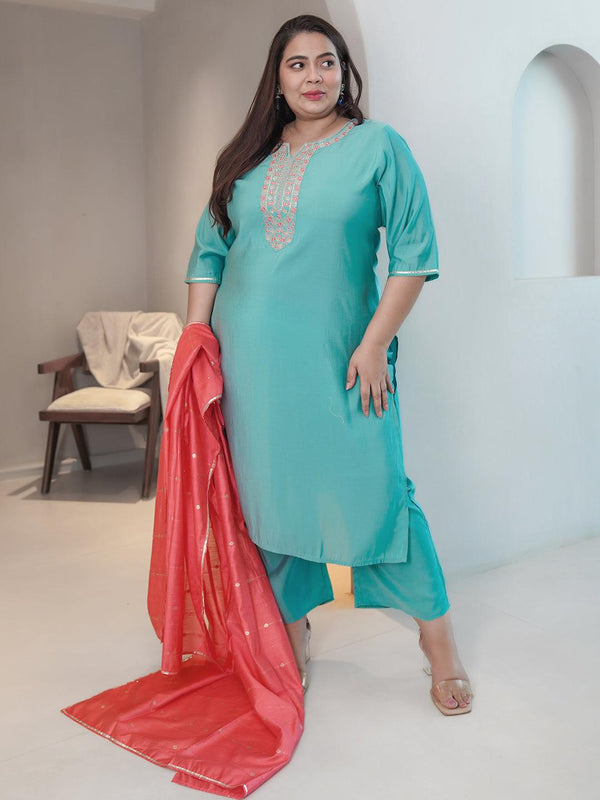 Plus Size Blue Yoke Design Silk Blend Straight Suit With Dupatta