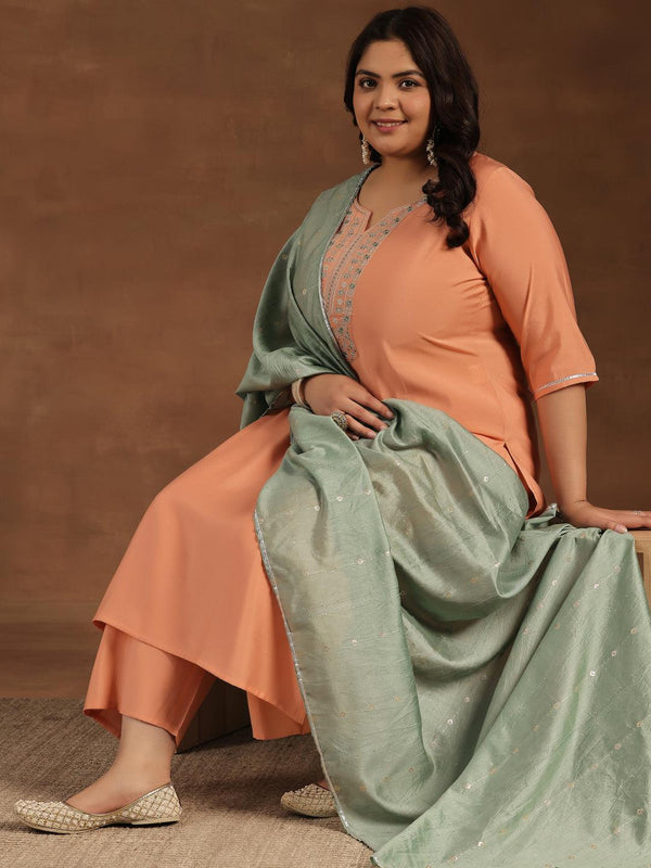 Plus Size Peach Yoke Design Silk Blend Straight Suit With Dupatta - Jashvi