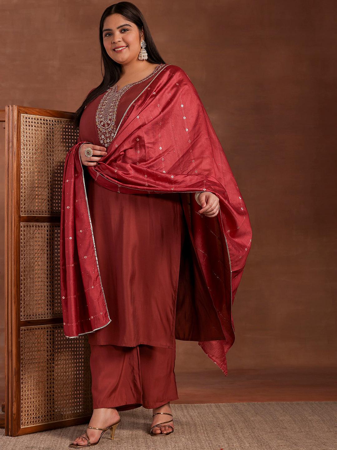 Plus Size Mauve Yoke Design Silk Blend Straight Suit With Dupatta - Jashvi