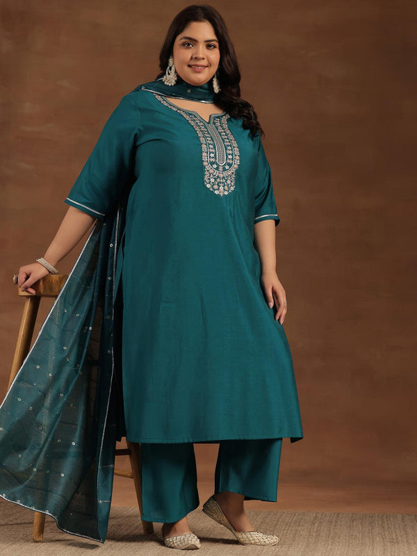 Plus Size Teal Yoke Design Silk Blend Straight Suit With Dupatta - Jashvi