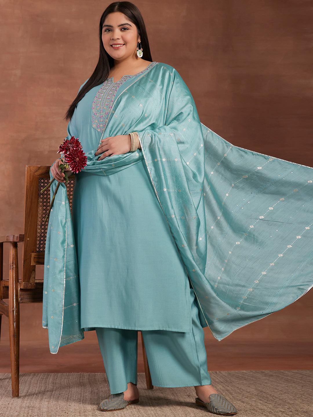 Plus Size Blue Yoke Design Silk Blend Straight Suit With Dupatta - Jashvi