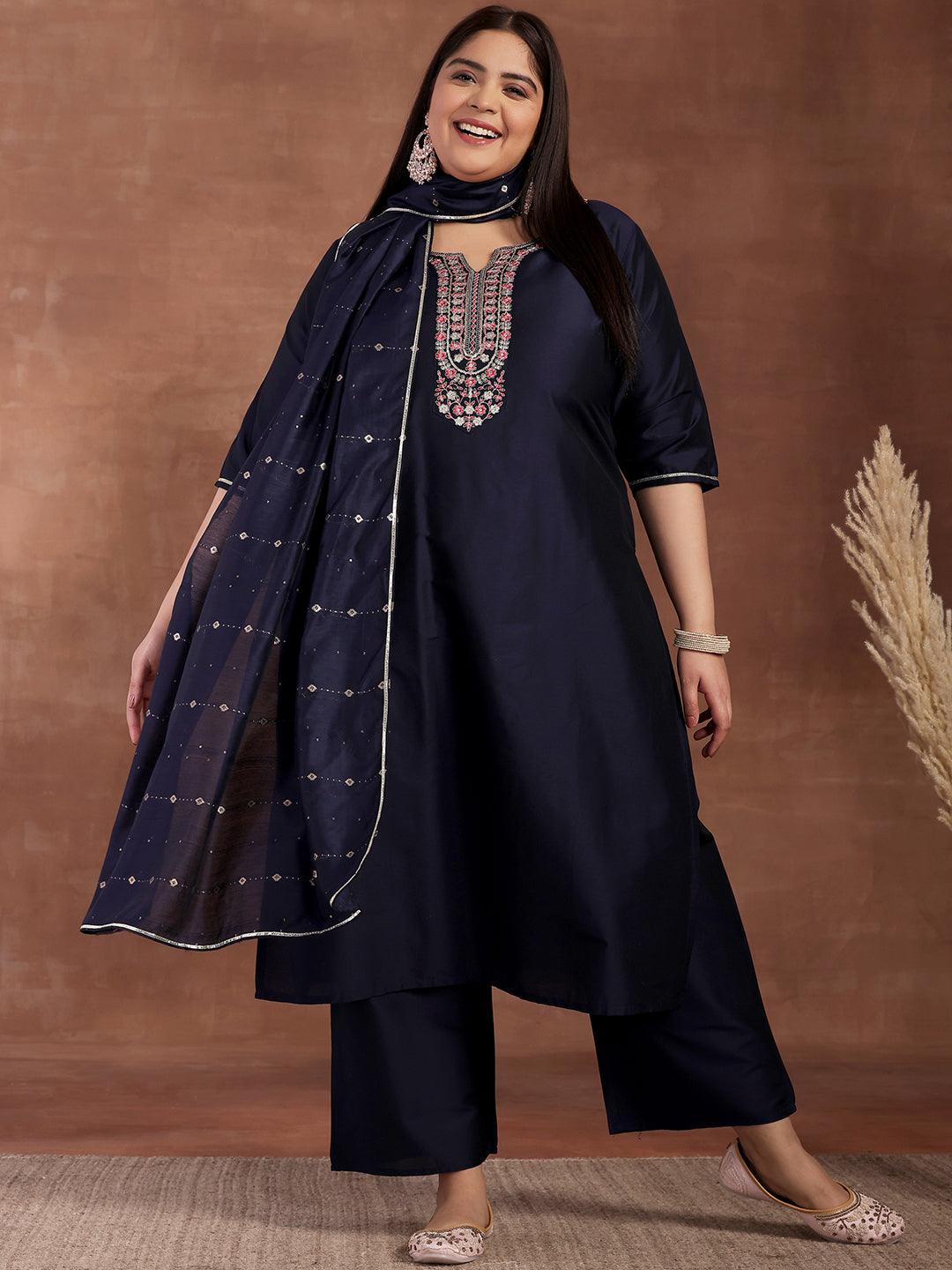 Plus Size Navy Blue Yoke Design Silk Blend Straight Suit With Dupatta - Jashvi