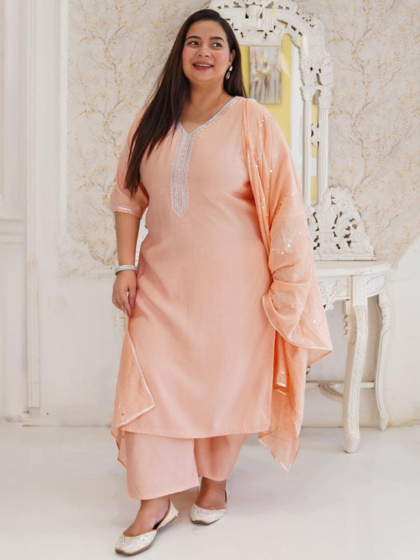 Plus Size Peach Yoke Design Silk Blend Straight Suit With Dupatta