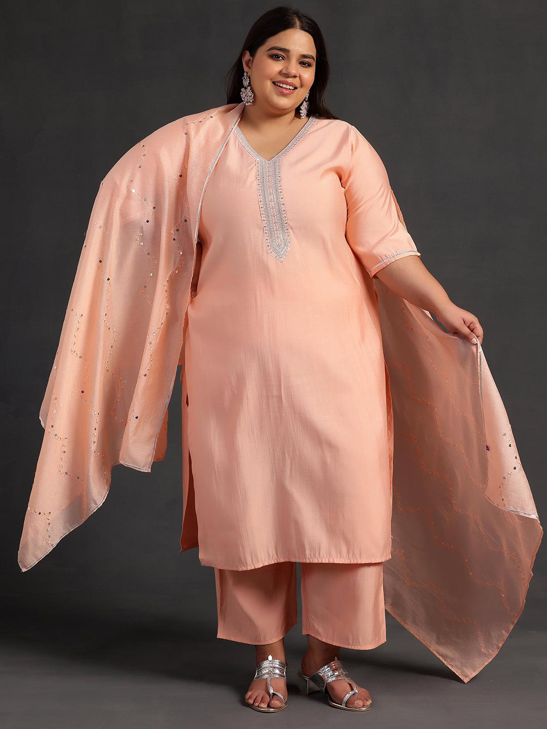 Plus Size Peach Yoke Design Silk Blend Straight Suit With Dupatta - Jashvi