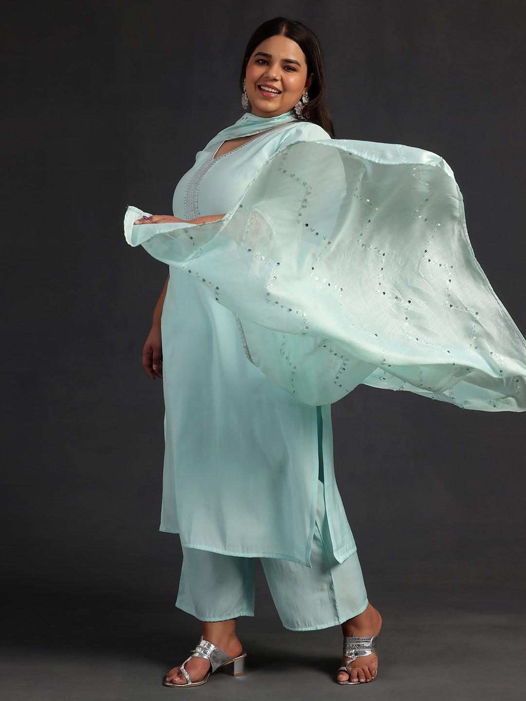 Plus Size Blue Yoke Design Silk Blend Straight Suit With Dupatta - Jashvi