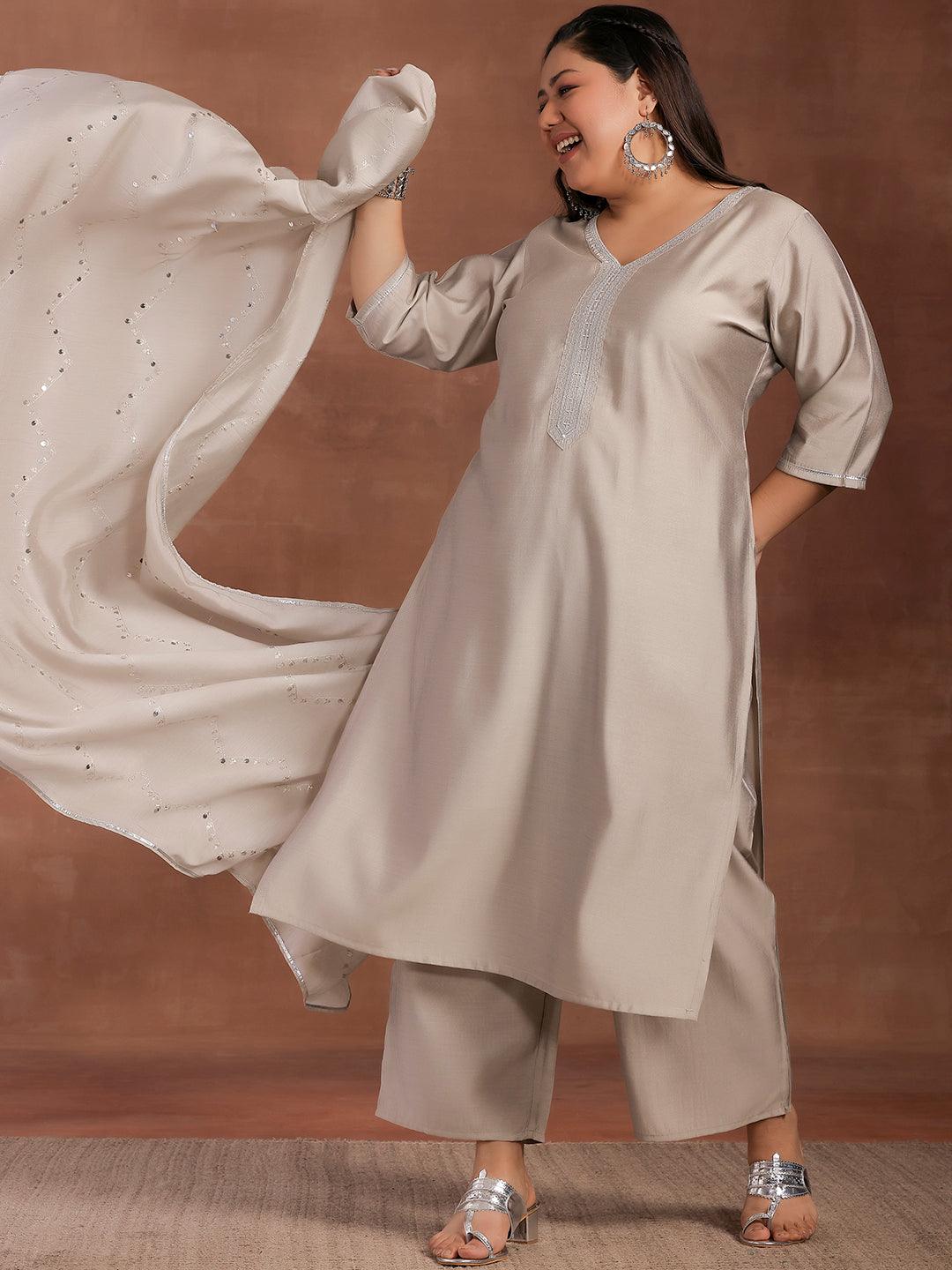 Plus Size Grey Yoke Design Silk Blend Straight Suit With Dupatta - Jashvi