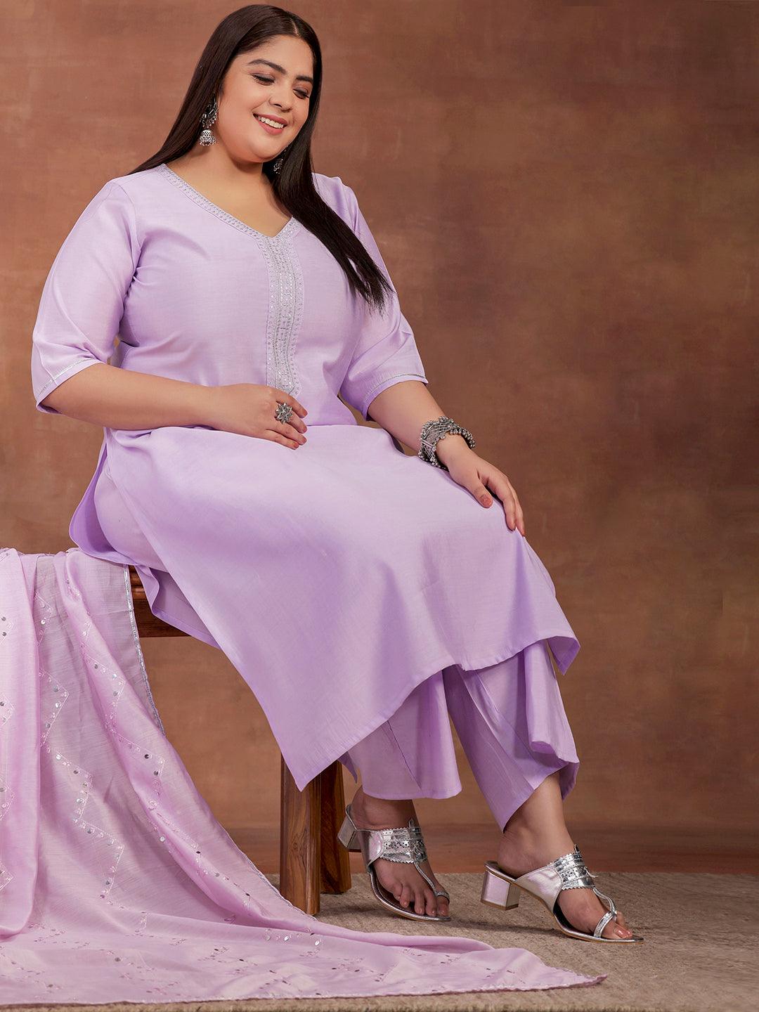 Plus Size Lavender Yoke Design Silk Blend Straight Suit With Dupatta - Jashvi