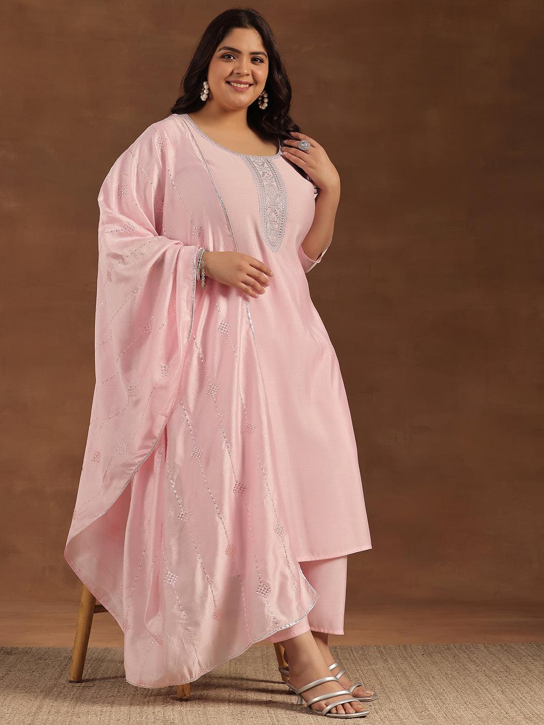 Plus Size Pink Yoke Design Silk Blend Straight Suit With Dupatta - Jashvi