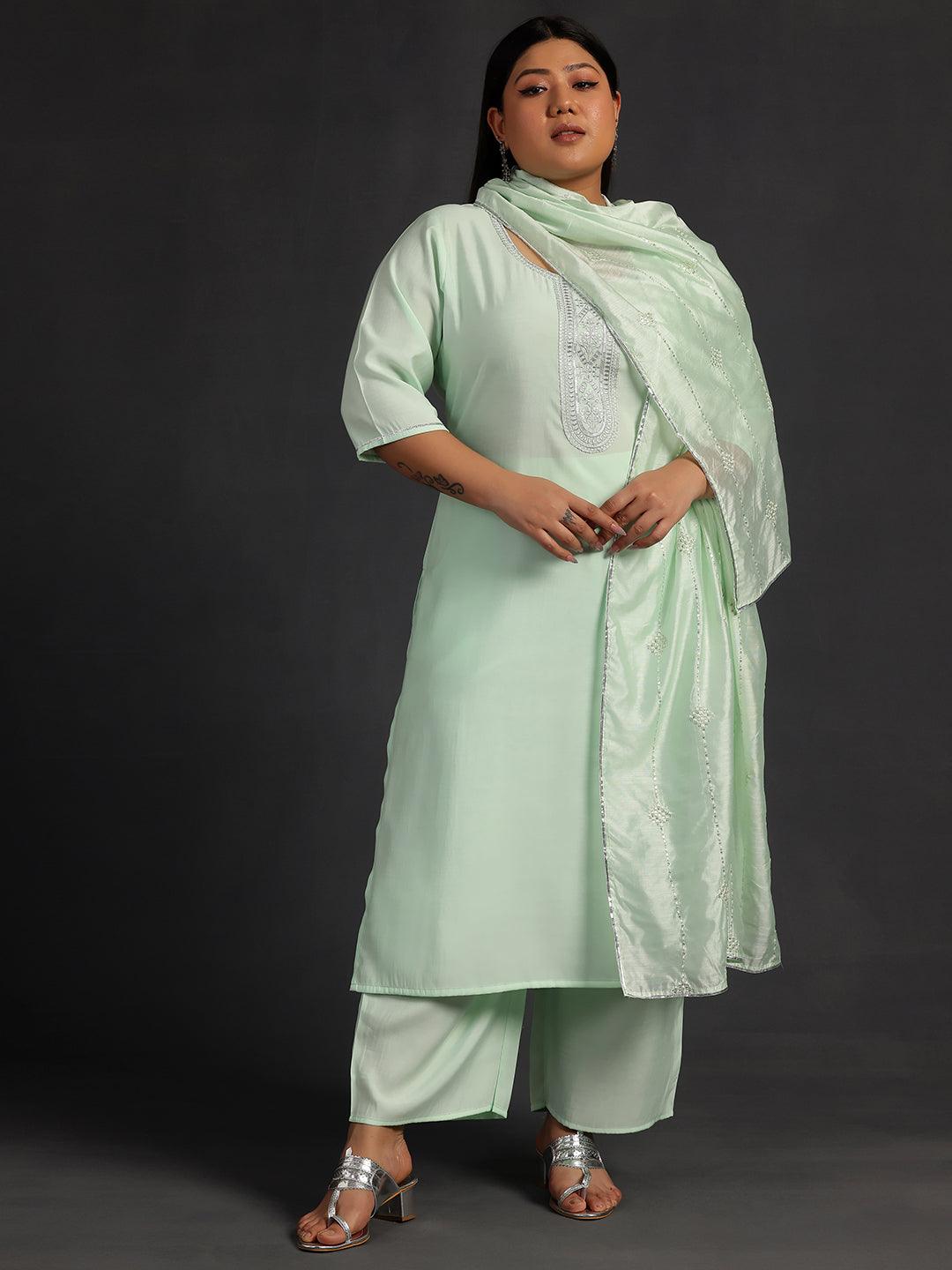 Plus Size Green Yoke Design Silk Blend Straight Suit With Dupatta - Jashvi