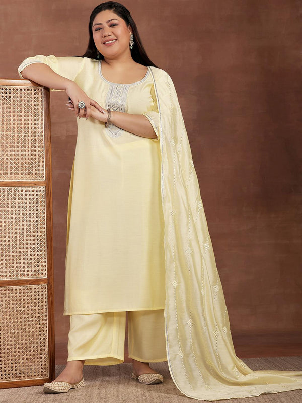 Plus Size Yellow Yoke Design Silk Blend Straight Suit With Dupatta - Jashvi