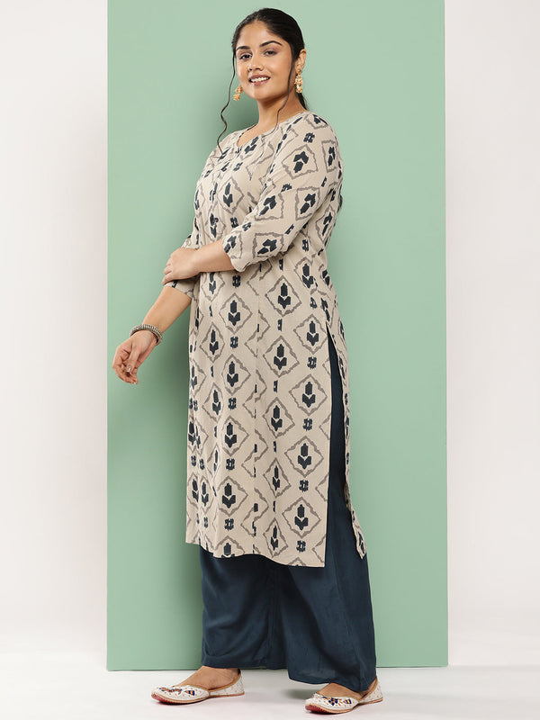 Women's Beige & Navy Blue Printed Pure Cotton Kurta With Palazzos Set - Yufta