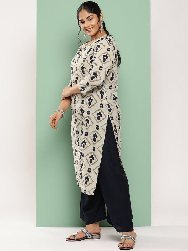 Women's Beige & Navy Blue Printed Pure Cotton Kurta With Palazzos & Dupatta - Yufta