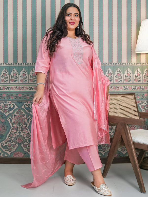 Plus Size Pink Yoke Design Silk Blend Straight Suit With Dupatta