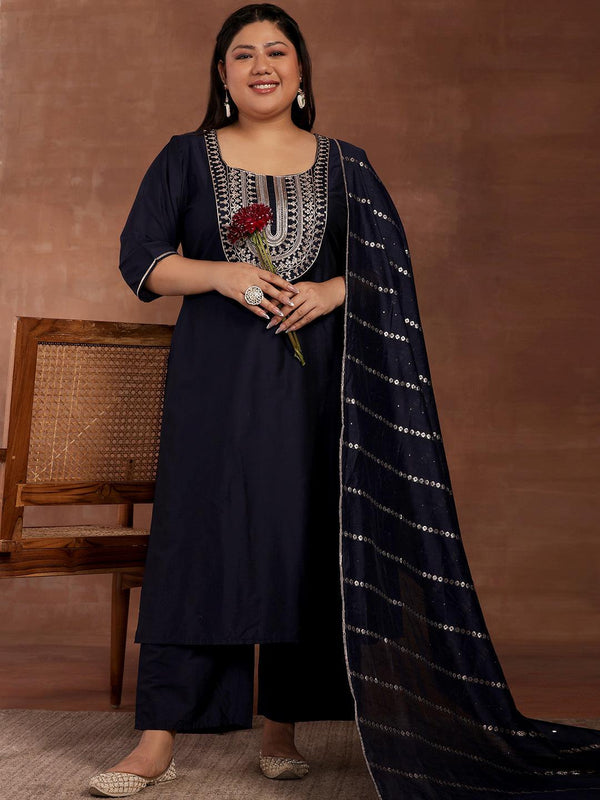 Plus Size Blue Yoke Design Silk Blend Straight Suit With Dupatta - Jashvi