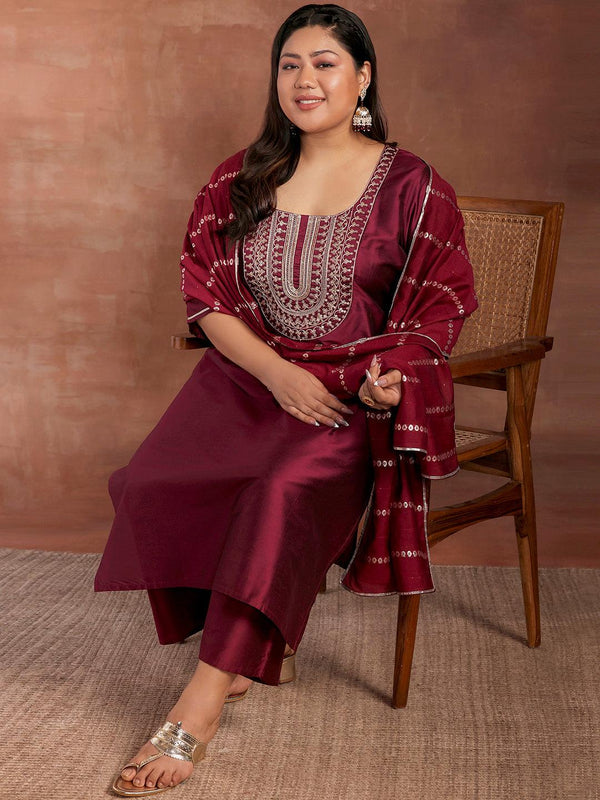 Plus Size Burgundy Yoke Design Silk Blend Straight Suit With Dupatta - Jashvi