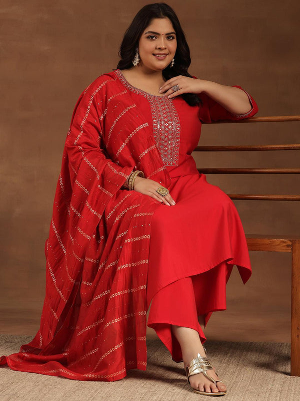 Plus Size Red Yoke Design Silk Blend Straight Suit With Dupatta - Jashvi