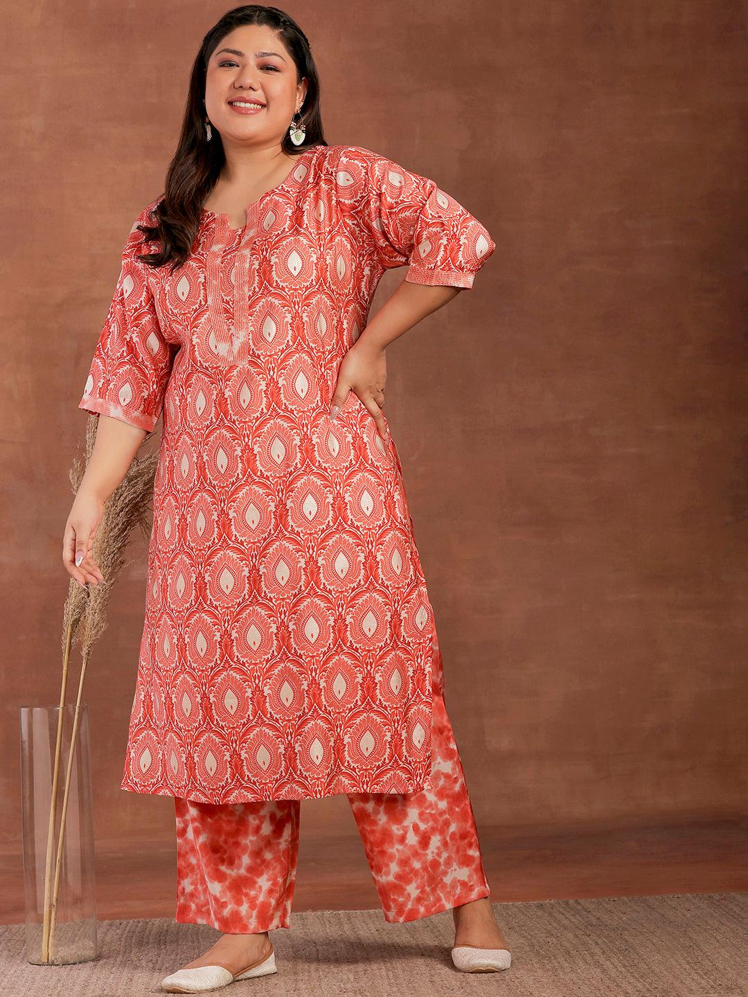 Plus Size Peach Printed Silk Blend Straight Kurta With Palazzos - Jashvi