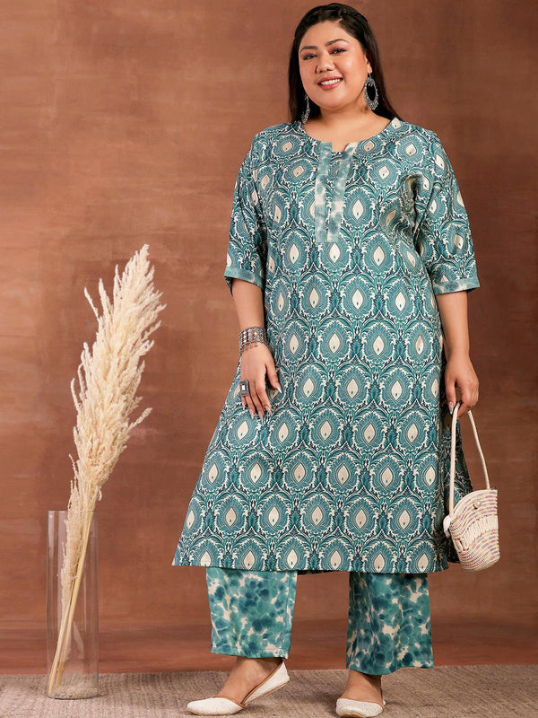 Plus Size Blue Printed Silk Blend Straight Kurta With Palazzos - Jashvi